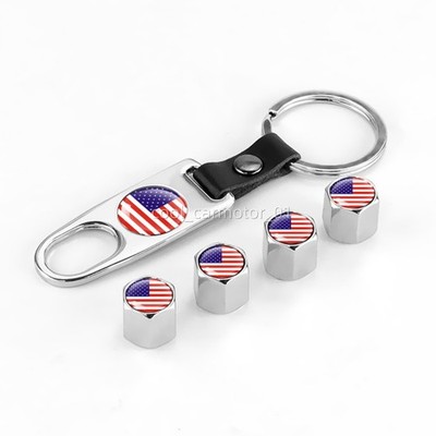 5x Silver US American Flag KeyChain Key Ring Car Tire Air Valve Stem Caps