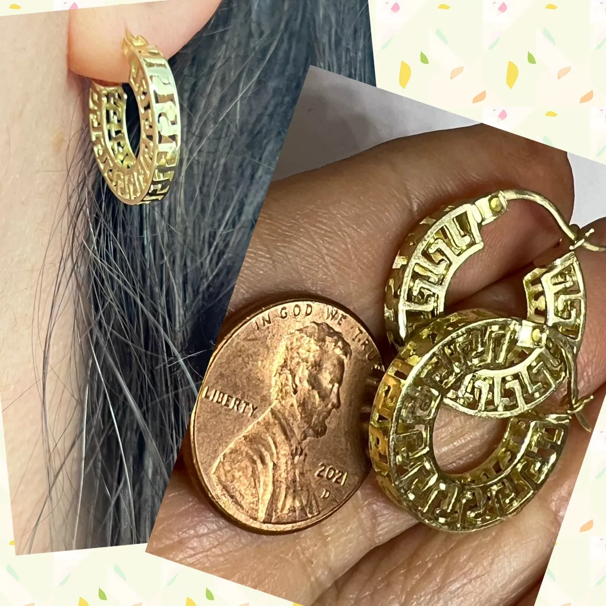 GOLd hoop huggie earring versace greek key round 10k gift her 3mm