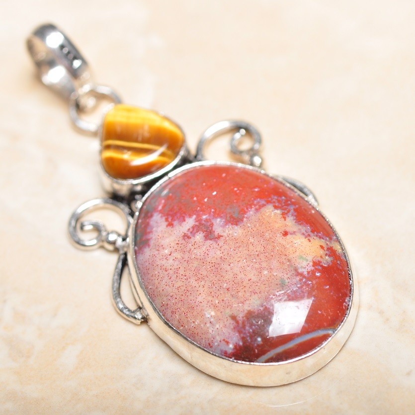 Pendentif En Hématite (bloodstone) Et Argent 925 Sterling - Fait Main, Longueur 2,5 Pouces - Neuf Sans Emballage
