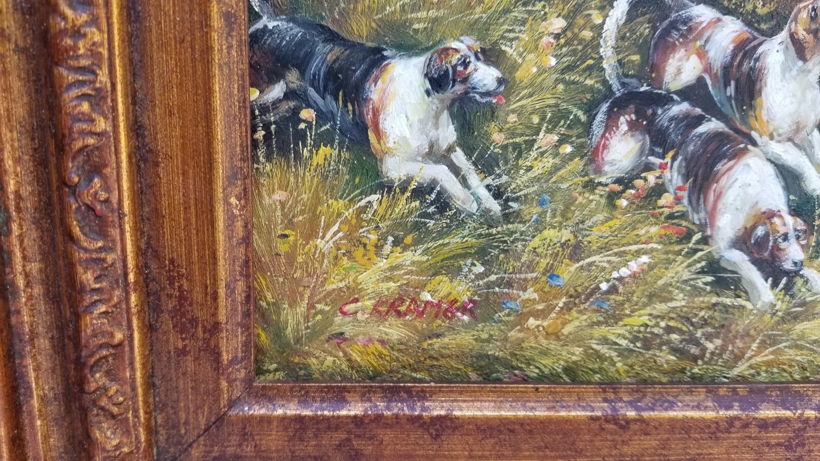 C Kramer Oil Painting Hunting Scene Man On Horse Dogs Ornate Carved