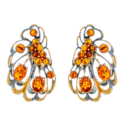 Unusual Genuine Baltic Amber Earrings Rhodium Gilded Silver Cognac Color