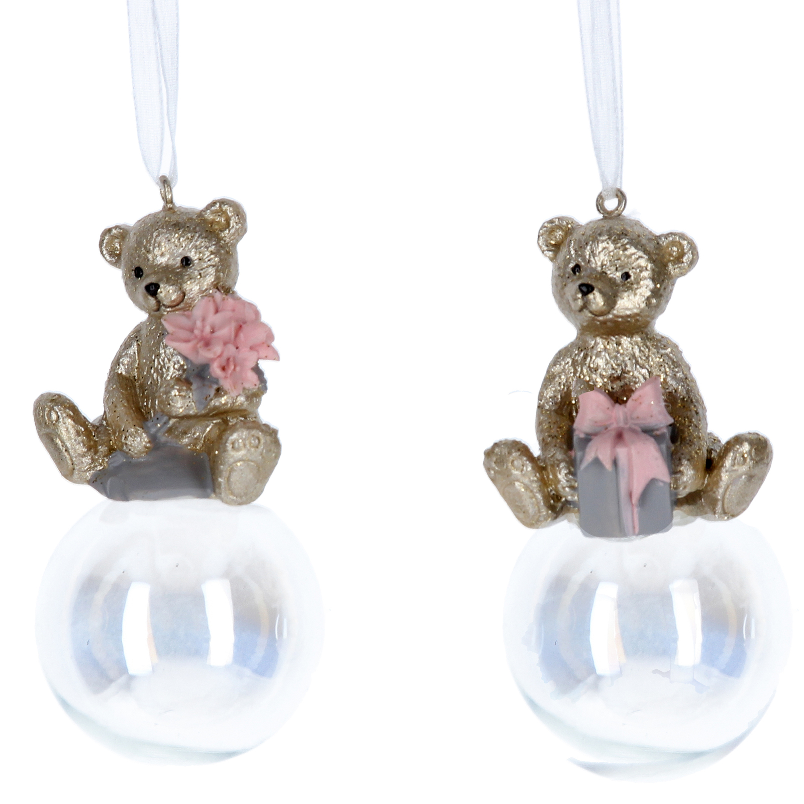 Gisela Graham Gold Bear on Bubble Christmas Tree Decoration Ornaments x 2