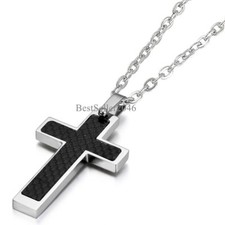 Black Carbon Fiber Silver Stainless Steel Cross Men's Pendant Necklace 21" Chain