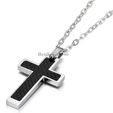 Black Carbon Fiber Silver Stainless Steel Cross Men's Pendant Necklace 21" Chain