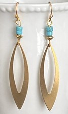 Long Gold and Turquoise Chip Dangle Earrings. Lightweight