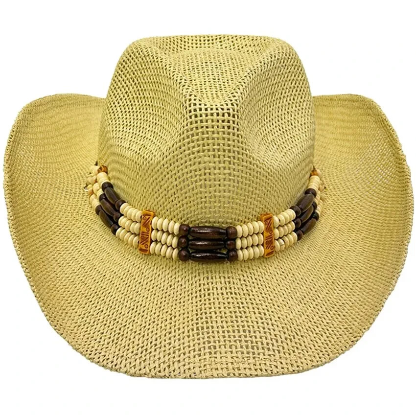 Cream BEIGE COWBOY Paper Straw HAT Beads Cowboy Cowgirl Men 