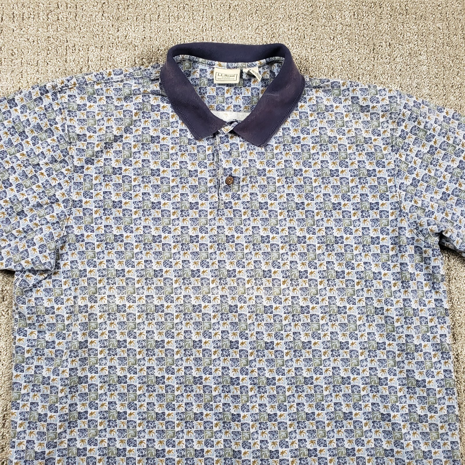 LL BEAN Polo Shirt Mens XXL Tall Blue Hawaiian Tropical Print 100