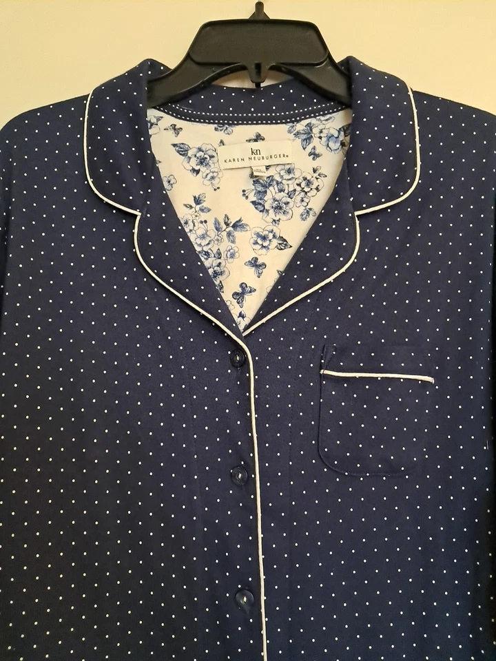 NUEVO SIN ETIQUETAS Karen Neuburger Camisón Manga 3/4 Azul y Blanco Lunares Talla XL Lujo Foto 3 de 4