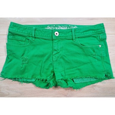 Express Jeans Retro Womens Green Distressed Frayed Hem Mini Denim Shorts Size 8