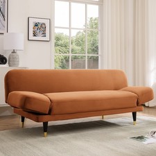 Luxury 3-Seater Convertible Sofa Bed in Burnt Orange Velvet with Armrests