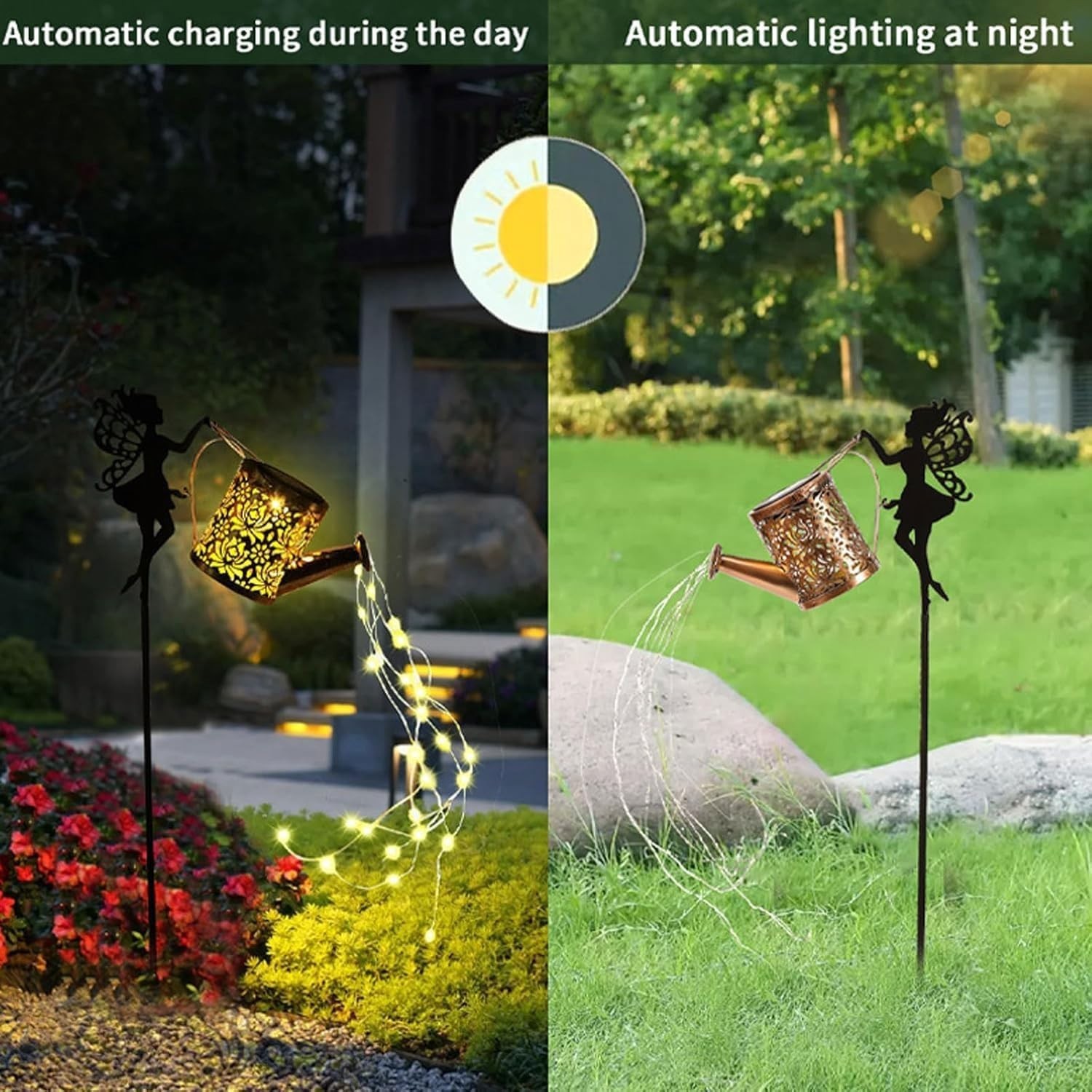 Fairy Garden Decor Solar Watering Can, Waterproof Hanging LED Garden Lights for