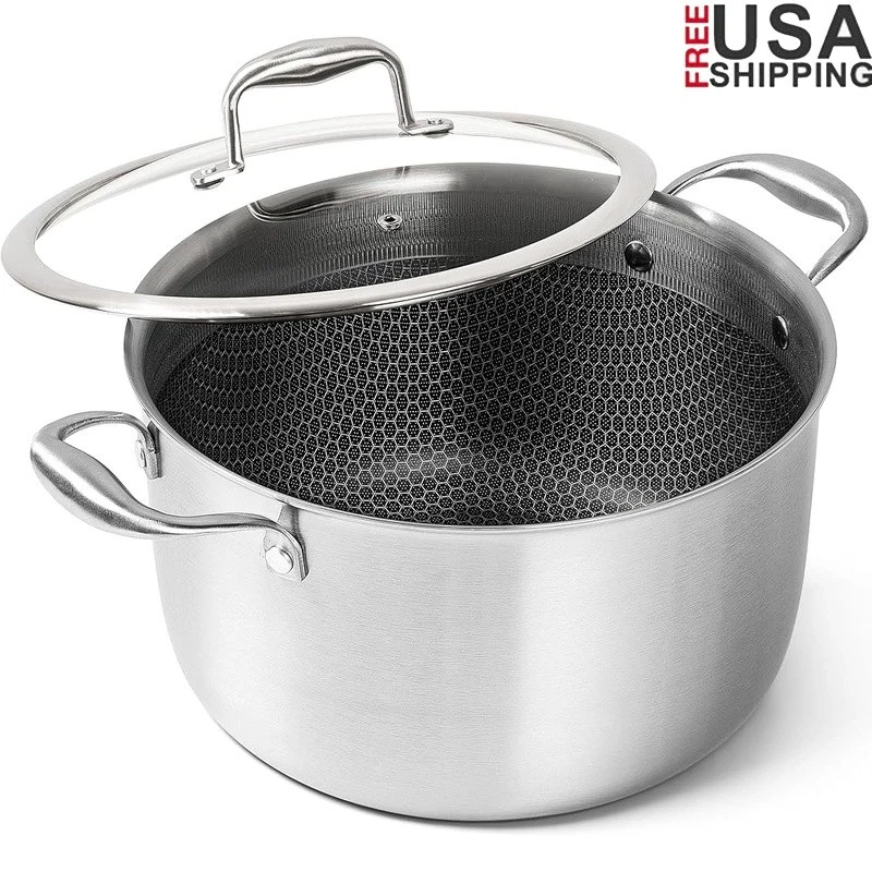 Tri-Ply Stainless Steel 8 Quart Stockpot Honeycomb Interior Glass Lid Oven Safe