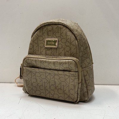 Calvin Klein Beige Monogram Logo Mini Backpack Bag Gold Hardware