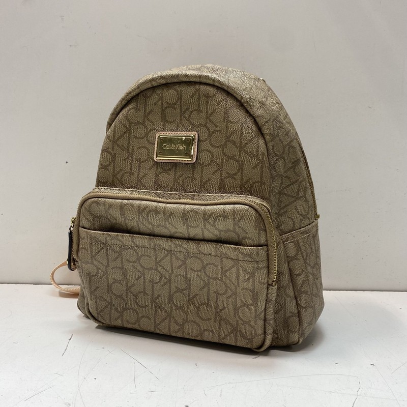 Calvin Klein Beige Monogram Logo Mini Backpack Bag Gold Hardware