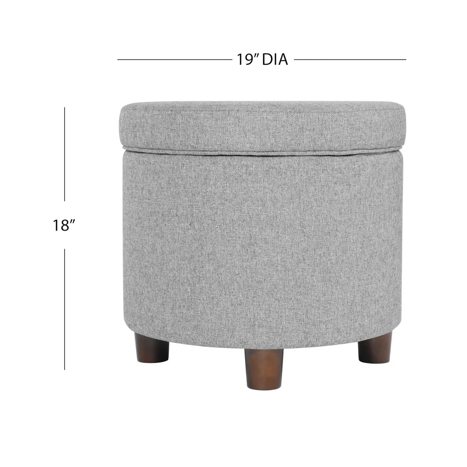 Light Gray Round Ottoman With Storage 19 Inch Soft Fabric Living Room Furniture - Image 3 of 4
