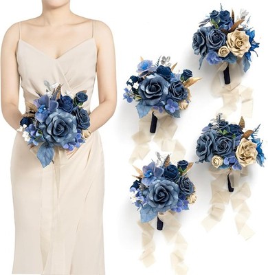 Ling's Moment Blue and Gold Bridesmaid Bouquet Set of 4, Lilac Wedding Bouqu...