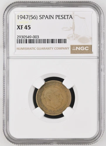 1947 (56) SPAIN 1 PESETA - NGC CERTIFIED XF 45 - FREE U.S. / $12.50 WORLD SHIP