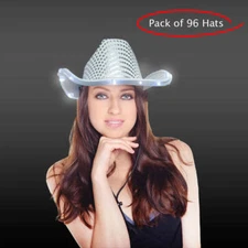 SILVER SEQUIN Light Up LED Flashing Cowboy Hat with SEQUINs WHITE- Pack of 96