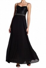 Laundry ~ Black Faux Leather Pleated Chiffon Beaded Waist Formal Gown 0 NEW $325