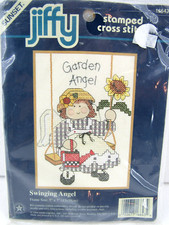 Sunset Jiffy Stamped Cross Stitch SWINGING ANGEL 5x7 1996 Garden Sunflower 16643