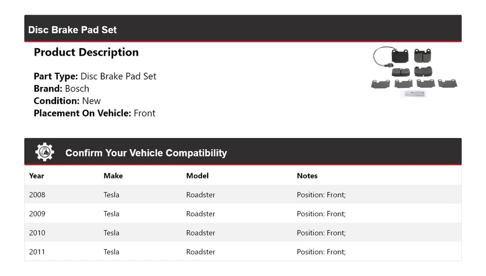 Pastillas de freno delanteras semimetálicas para Tesla Roadster Bosch 2008-2011 2009 2010 Foto 2 de 4