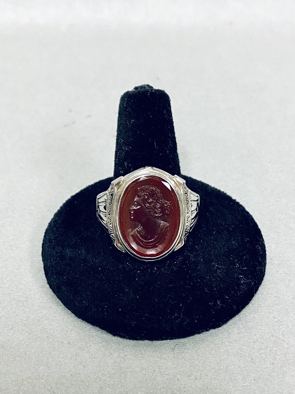 Antique Victorian 10K White Gold Men’s Ring Carved Carnelian Intaglio 8.5g sz 10