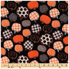 Tossed Patterned Pumpkins on Black Halloween Cotton Fabric, By the Half Yard
