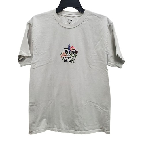 OBEY Herren T-Shirt hellgrau Blumen Gesicht Logo Kurzarm Streetwear Grafik M