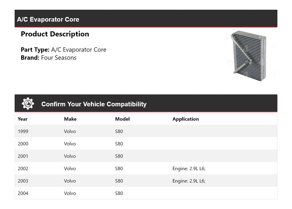 Núcleo evaporador aire acondicionado Volvo S80 1999-2004 4 estaciones 2000 2001 2002 2003 Foto 2 de 4