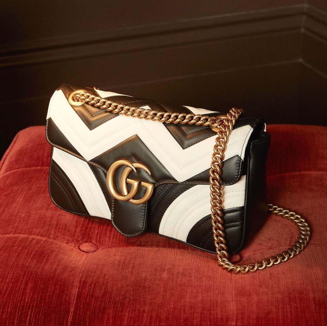 Gucci GG Marmont Small Black/White Chevron Quilted Leather Bag - Limited Edition
