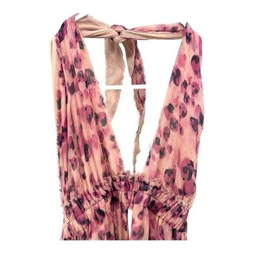 Loveshackfancy | Women’s 2 Pink Leopard Halter Maxi Dress Open Back Raw Hem - Picture 8 of 16
