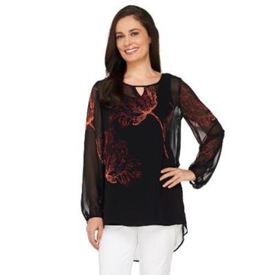 Susan Graver Size 10 Placement Print Sheer Chiffon Black/Coral Tunic w/ Keyhole