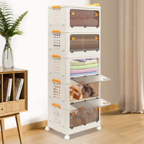 5 Tier Storage Bin Box Stackable Cabinet Organizer W/ Doors And Wheels NEW