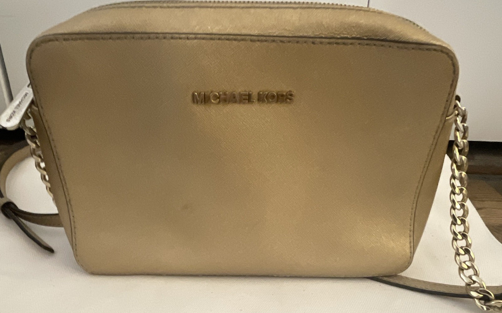 Michael Kors Small Gold Zip Crossbody Bag Chain Strap Logo, Beige Lined