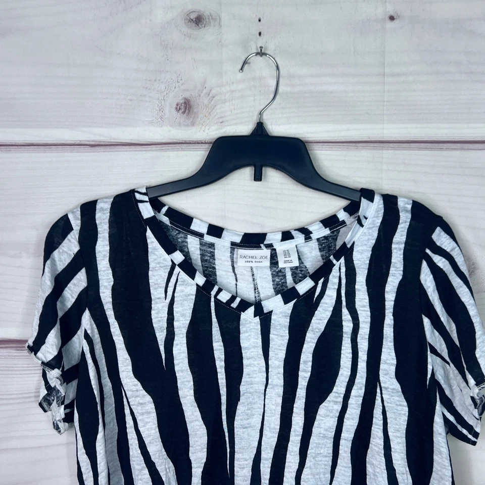 Camiseta Rachel Zoe Top Mujer 1X Negra Blanca Estampado Cebra Lino Tejido Manga Corta Foto 2 de 4