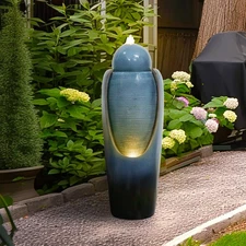 Faux Stone Garden Fountain – Cascading Water Feature with LED Lighting