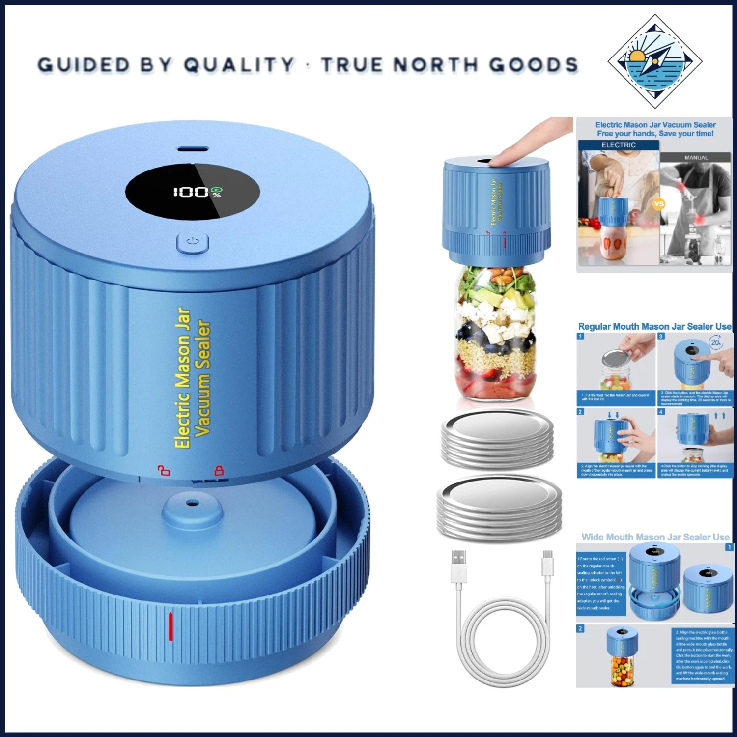Cordless Vacuum Sealer for Mason Jars with Lids and User Guide Included