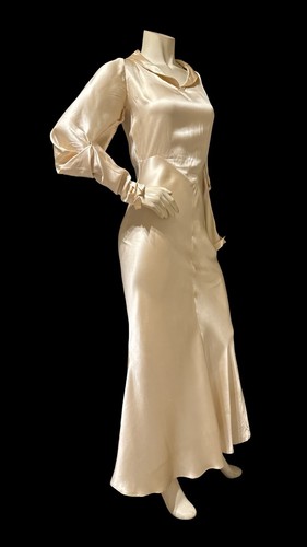 Antique 1920s 1930s Bias Cut Liquid Satin Wedding Gown Leg Of Mutton Sleeves S - Picture 6 of 21