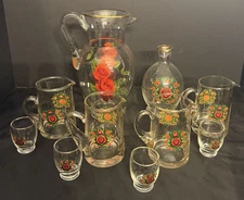 Vintage European Glass Roses and Gold Trim Pastis/Anis Pitcher and Glass Set