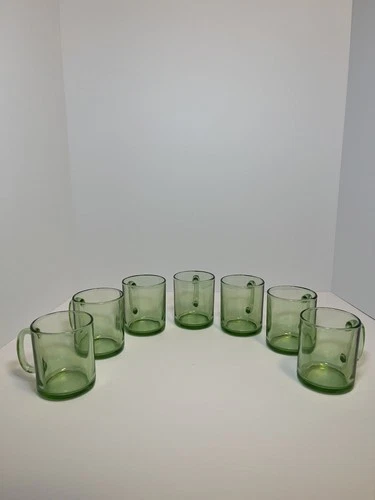 Vintage Arcoroc France Set of 7 light Green Glass Coffee Mugs Cups