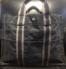HERM S Black Gray Striped Tote Bag with Snap Closure and Inner Pockets