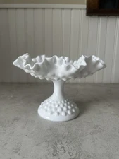 Fenton Hobnail White Ruffled Edge Milk Glass Pedestal Compote Bowl Candy Dish 8”