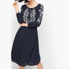 Talbots Navy Cotton Gauze Embroidered Boho Peasant Dress L