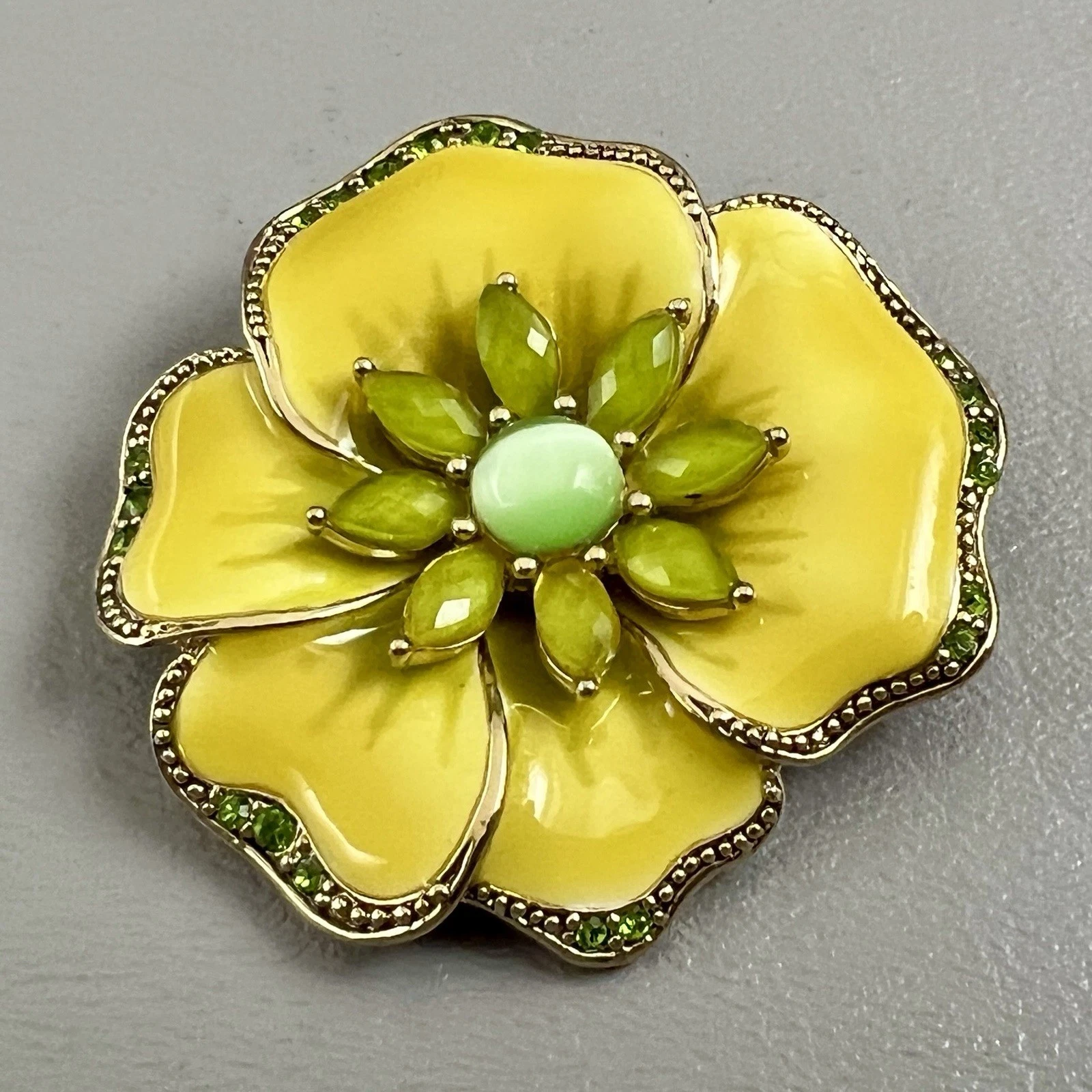 Liz Claiborne LC Yellow Enamel Flower Brooch Green Rhinestones Pansy 2" Statemen