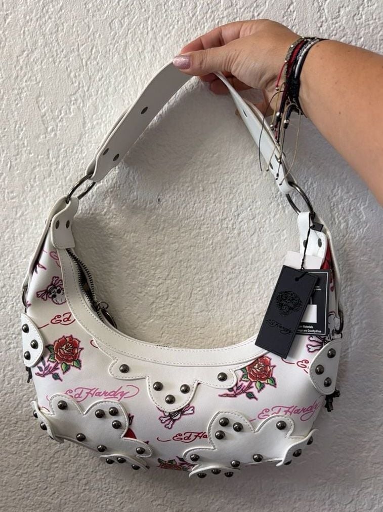 Ed Hardy NWT White Skull and Rose Scalloped Studded Hobo Shoulder