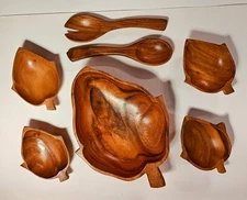 VTG 7 Pc Monkey Pod Wooden Salad Snack Bowl Set Eggcorn Shape Philippines Party