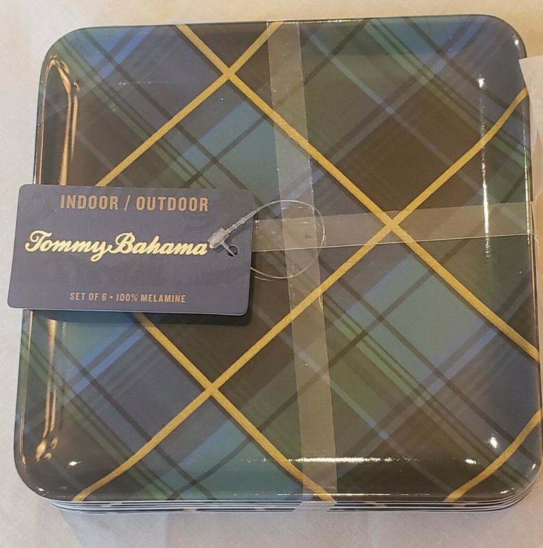 Tommy Bahama Set of 6 Blue Tartan Plaid 6"x6" +/- Appetizer Plates Christmas