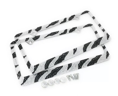 2 Pack Popular 7 Rows ZEBRA Bling Crystal License Plate Frame+Crystal Cap