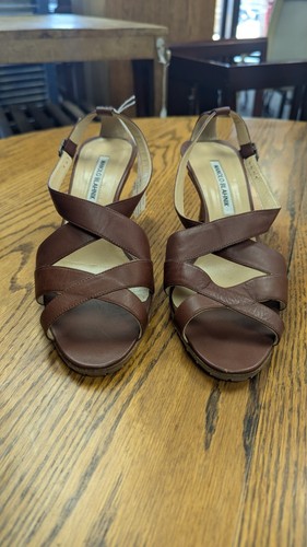Sandalo Manolo Blahnik Citronasa pelle incrociata tacco alto marrone euro taglia 39 - Foto 8 di 9