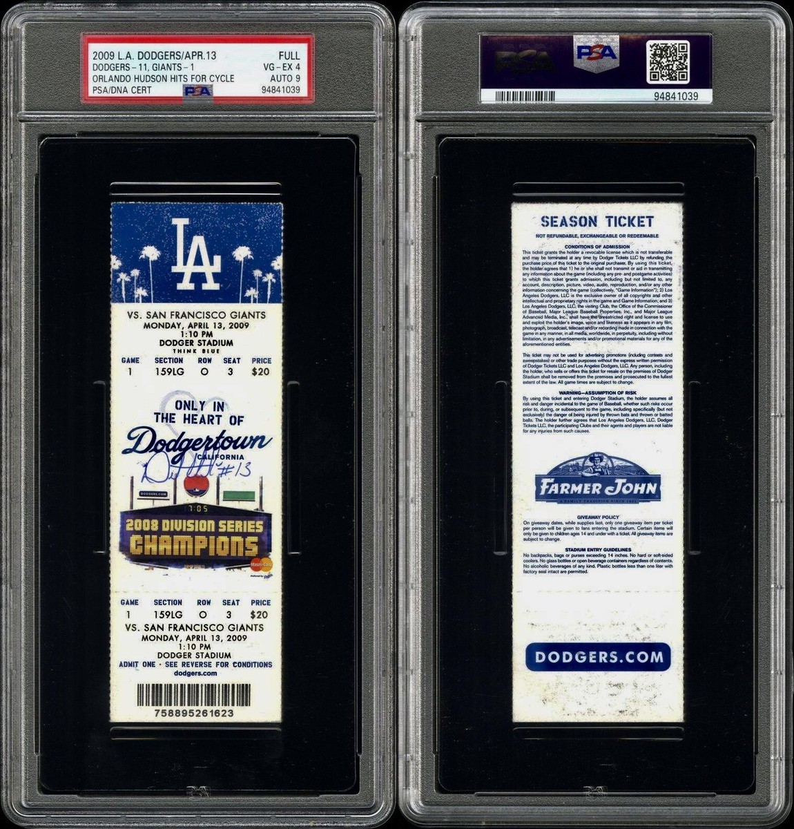 ORLANDO HUDSON SIGNED HITS FOR CYCLE FULL TICKET 4/13/2009 DODGERS